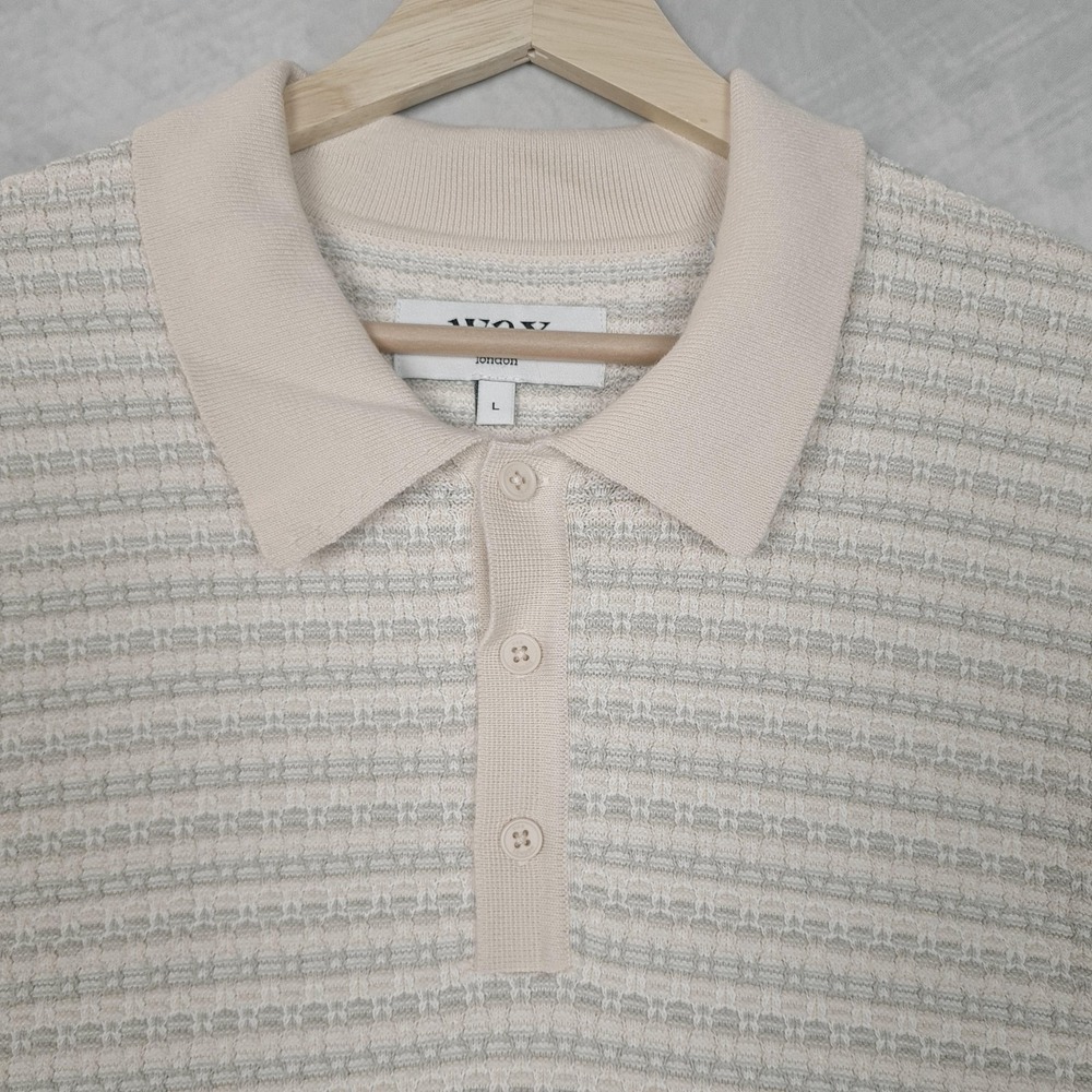 Wax London Knit Polo Shirt Mens Large Beige Naples Mini Geo Knit Texture Comfort